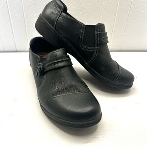 Clarks Black Leather Comfort Loafers Slip On Shoes Womens 7.5W Wide Cushion Soft